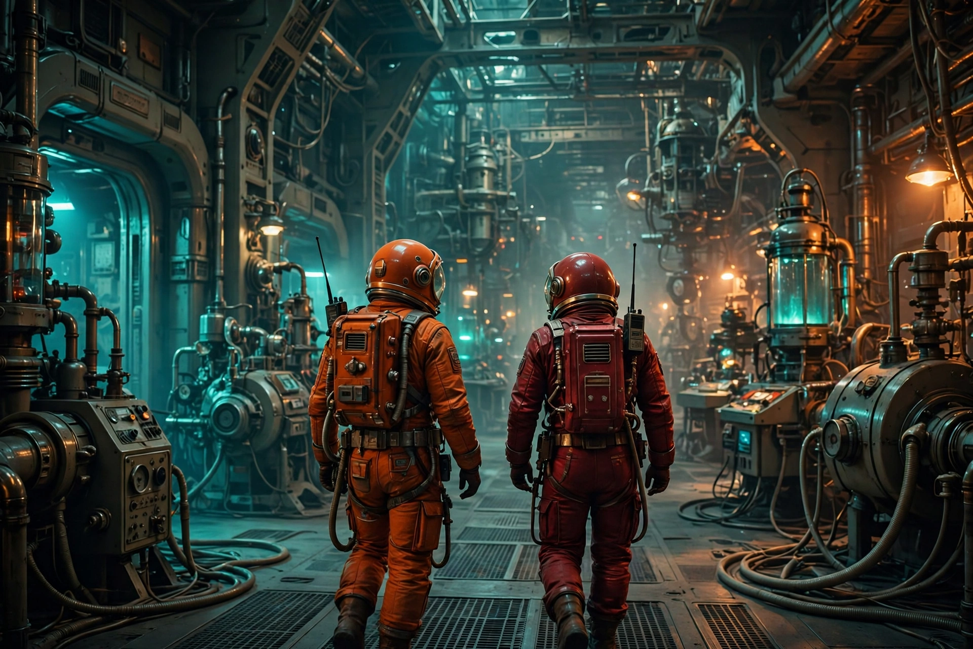 Two explorers with walkie-talkies inside the retro-futuristic Norcek facility