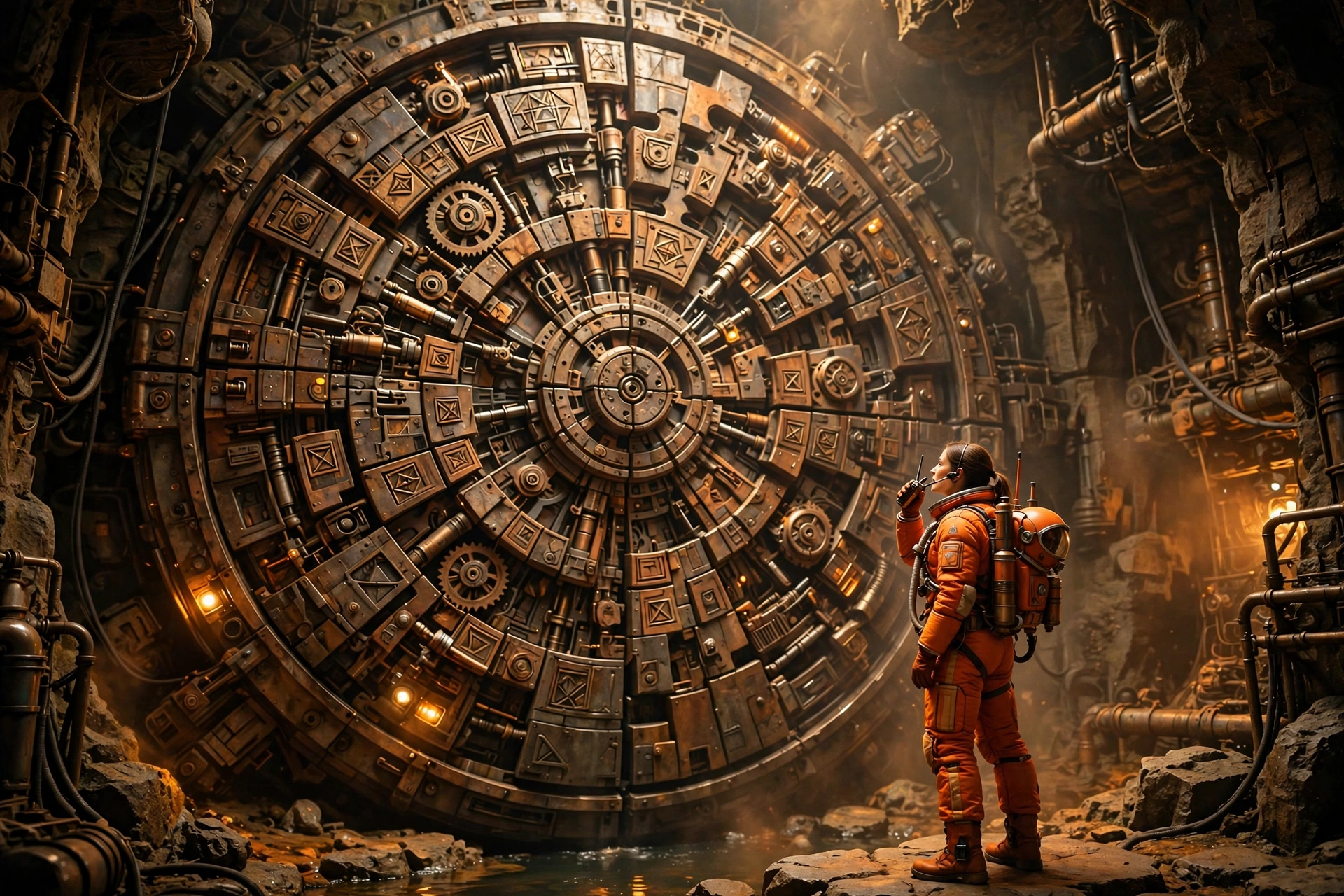 Two explorers studying a puzzle mechanism together with walkie-talkies
