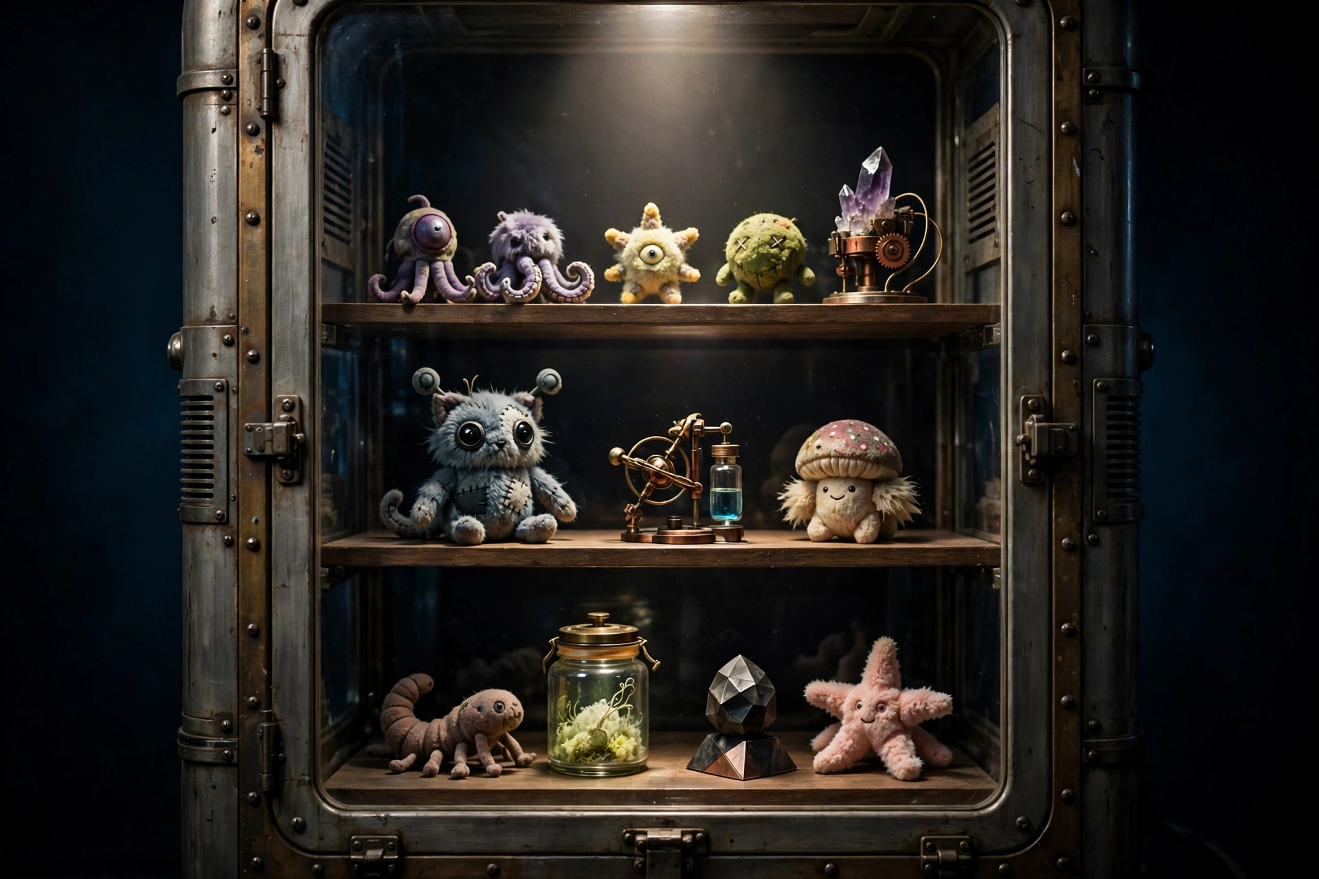 Trophy shelf inside the Norcek facility with explorer gear and a walkie-talkie